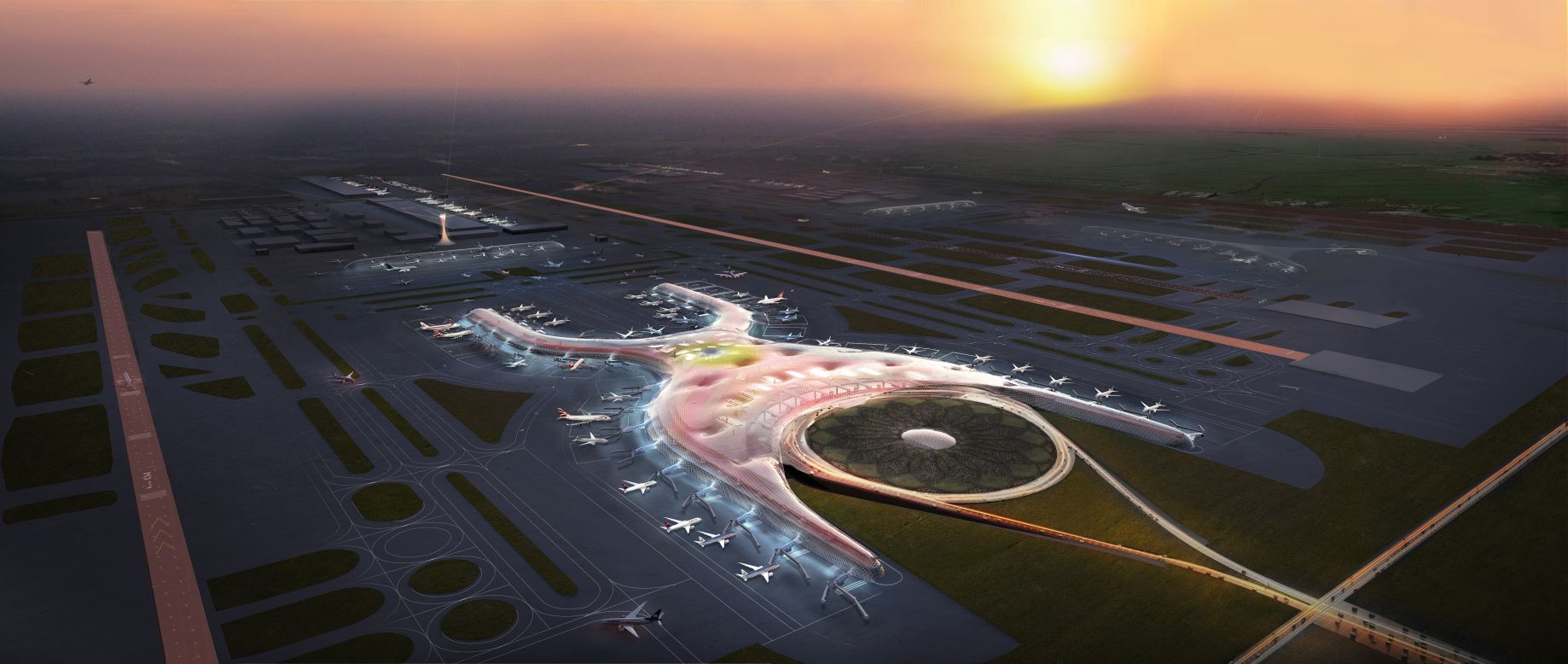 This year will see construction begin on the new <a href="http://www.fosterandpartners.com/news/archive/2014/09/httpwwwfosterandpartnerscomnewsarchive201409foster-and-partners-to-design-new-international-airport-for-mexico-city/" target="_blank" target="_blank">Mexico City International Airport</a>, boasting to be the "most sustainable airport in the world." The airport will have just one terminal, measuring 470,000-square-meters, which will eventually serve six runways.<br /><br />[Artist's rendering.]