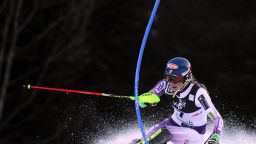 Mikaela Shiffrin of USA clears the pole during the first run of the FIS slalom ski event on mounting Sljeme, some 10 kilometers from capital Zagreb on January 4, 2015.