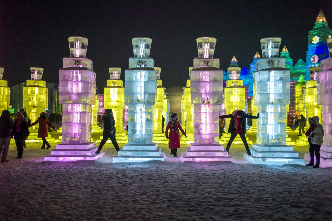 The Ice and Snow World's sculptures are mostly inspired by Chinese fairy tales and landmarks like the Great Wall of China, the Egyptian Pyramids and Iceland's Hallgrimskirkja church.