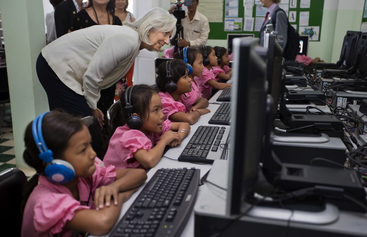 In April 2012, Lagarde was named an officer in the Ordre national de la Légion d'honneur. The Order is the highest decoration in France and is divided into five degrees of which officer is the fourth. <br /><br />Here, Lagarde watches school girls in the computer room at Toutes a l'Ecole school in Kandal province, Cambodia. The school was visited as part of a three country trip to Asia in December 2013.