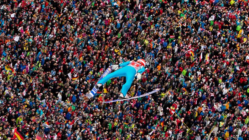 German ski jumper Richard Freitag soars through the air Sunday, January 4, during the Four Hills Tournament in Innsbruck, Austria. He won the third stage of the competition.