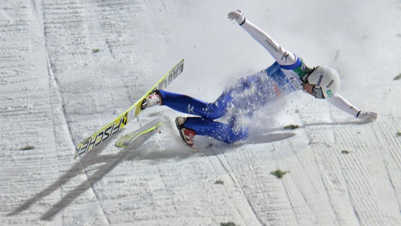 Japanese ski jumper Daiki Ito crashes to the ground Monday, January 5, during the Four Hills Tournament in Bischofshofen, Austria.