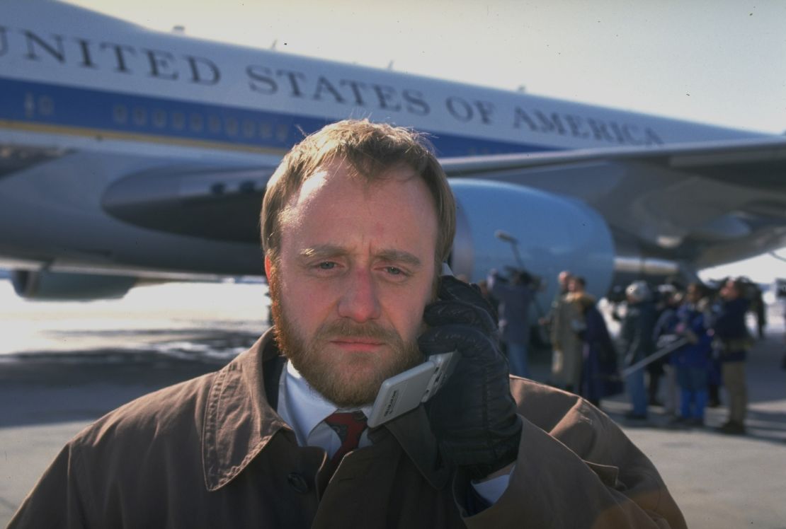 Paul Begala, White House aide to President Bill Clinton, in front of Air Force One in 1993 during a campaign trip for the president's economic package.