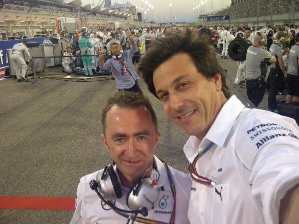 Toto, meanwhile, gets photobombed as he attempts a selfie on the grid at the 2014 Bahrain Grand Prix with Mercedes technical boss Paddy Lowe. The photobomber is the promoter of the Malaysian Grand Prix.