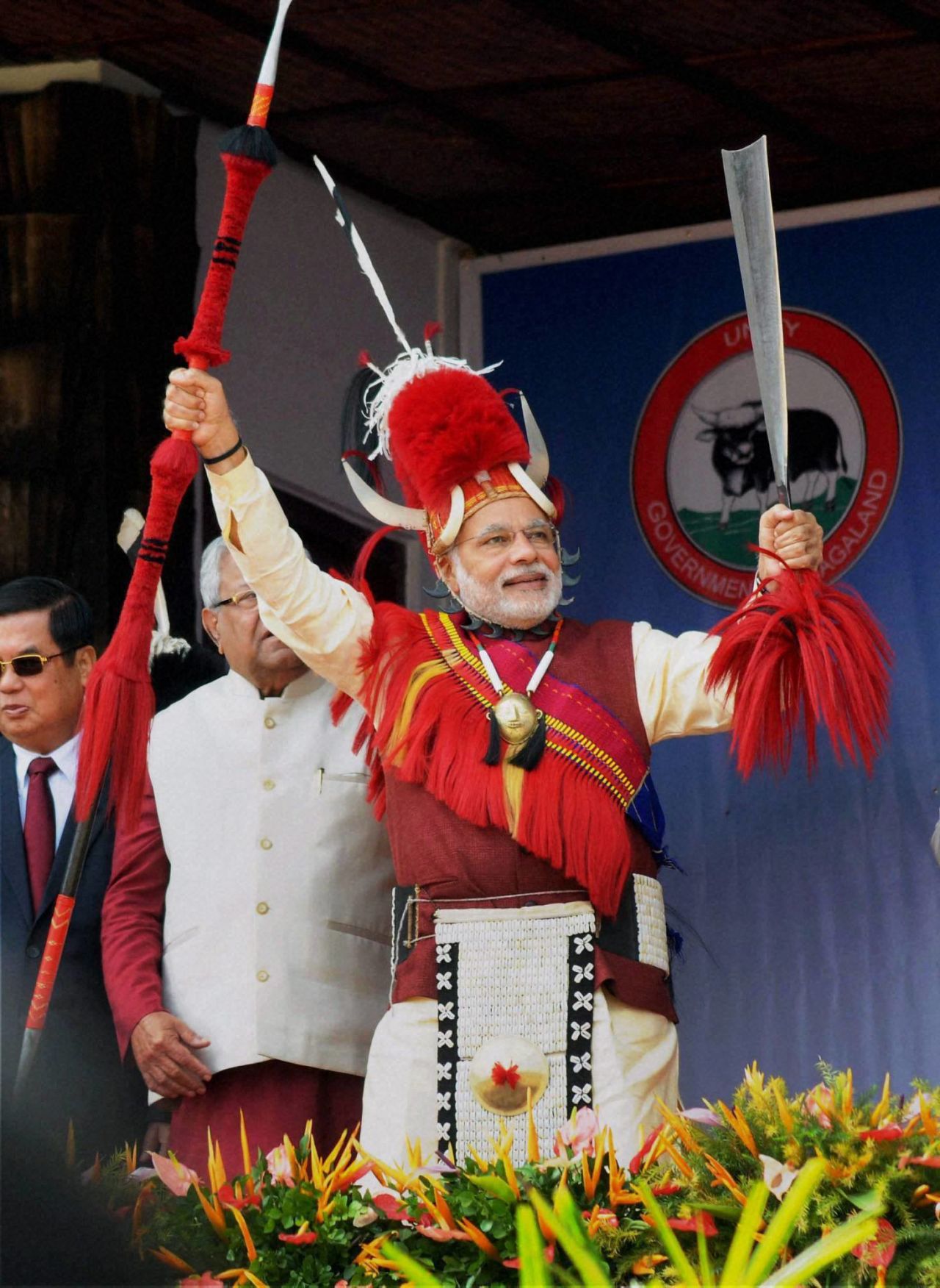 Indian Prime Minister Narendra Modi wears a traditional Naga warrior headgear at the Hornbill festival in Nagaland. Horbill, a bird admired greatly by locals in Nagaland, is symbolically used in these traditional tribal headgears. These headgears are considered symbols of power, position and status. It can only be worn if one has inherited or earned the right.