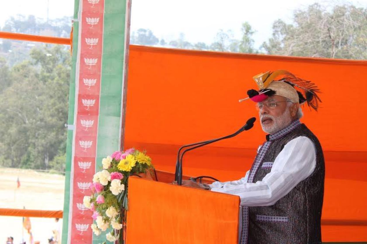 Modi wears a traditional hornbill hat known as a Bopia hat. It is made with the beak and feathers of the rufous-necked hornbill, a species of hornbill found in Northeastern Indian subcontinent. These hats are worn in the Northeastern state of Arunachal Pradesh and are now made with artificial beaks. 