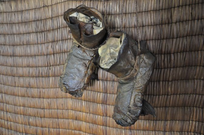 An indoor museum displays more than 5,000 items from traditional Ainu culture, including these boots made from salmon skin.