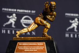 The Heisman Trophy sits on a stand before a press confrence at the New York Marriott Marquis on December 13, 2014 in New York City. (Photo by Alex Goodlett/Getty Images)