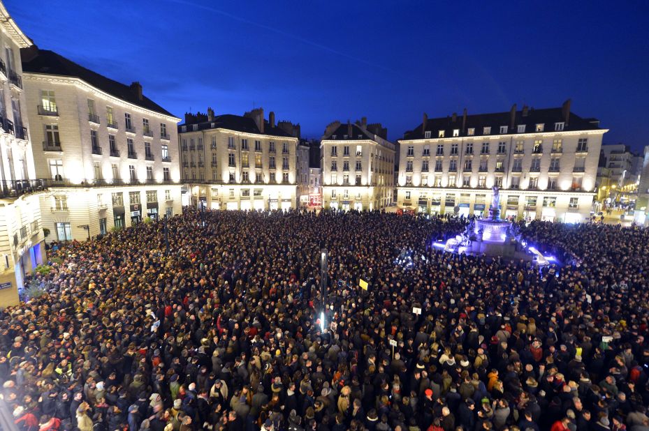 People gather at the Place Royale in Nantes, France, on January 7.