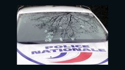 A photo taken on January 7, 2015 shows a police car riddled with bullets during an attack on the offices of the newspaper Charlie Hebdo in Paris which left eleven dead, including two police officers, according to sources close to the investigation.