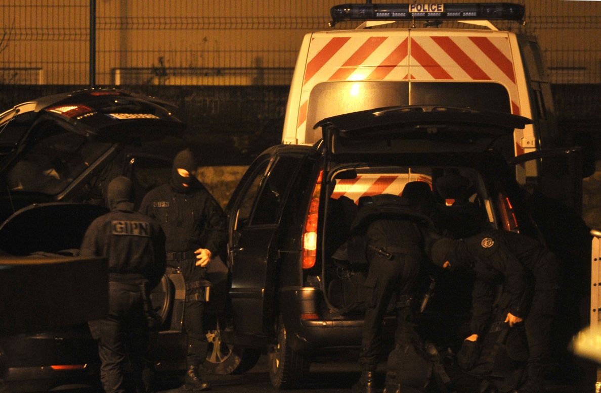 French national police arrive at a police station in Charleville-Mezieres, France, on Wednesday, January 7.