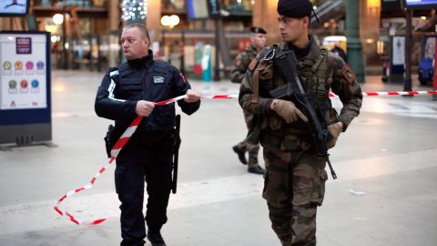 French soldiers patrol the Gare du Nord railway station in Paris on January 8.