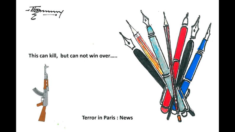 "Violence will not be able to stop cartoonists from doing their job," said scientist and artist <a href="index.php?page=&url=http%3A%2F%2Fireport.cnn.com%2Fdocs%2FDOC-1204341">Thomas Kodenkandath</a>.