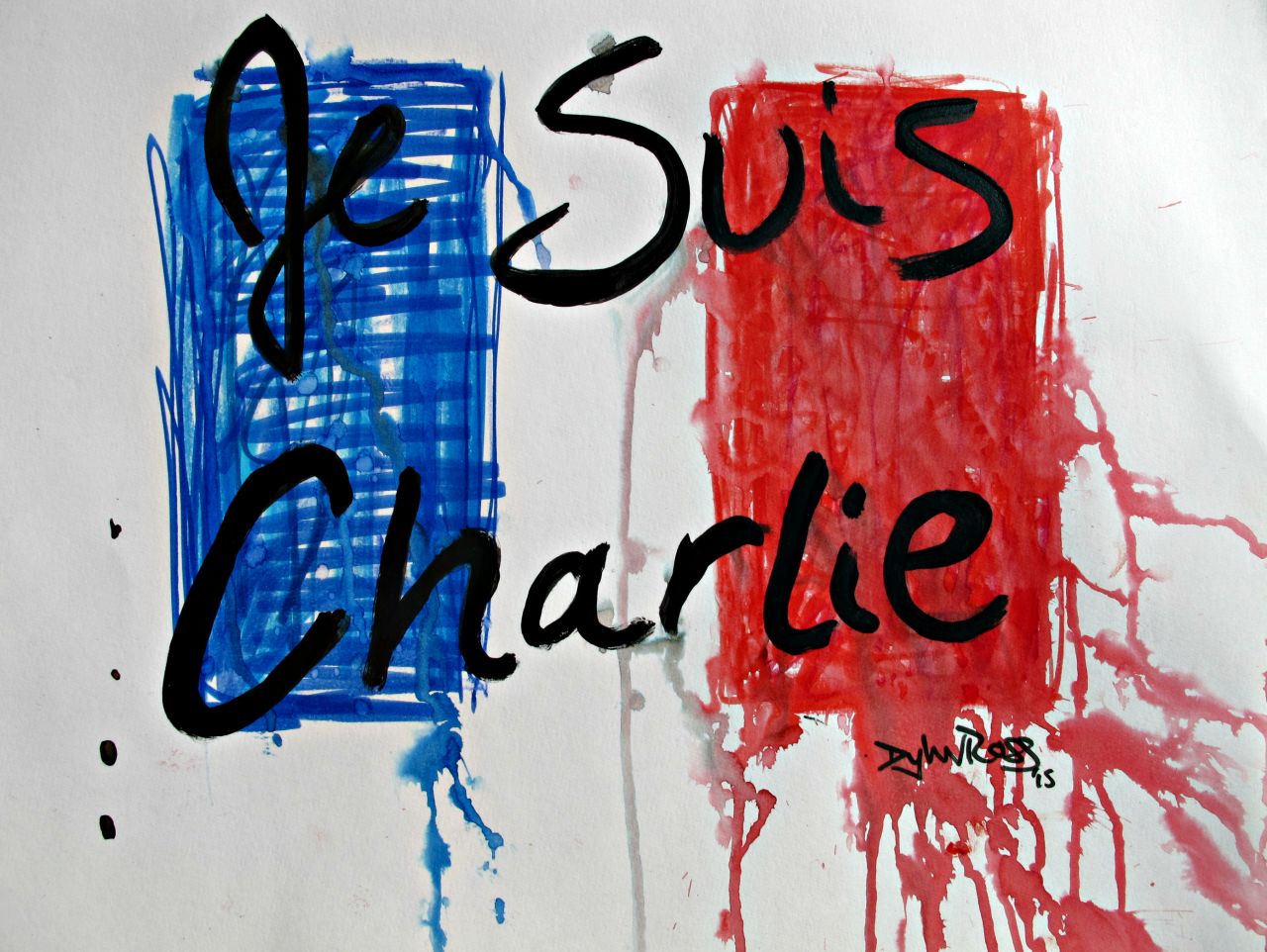 Artists around the world are paying tribute to the victims of Wednesday's attack at satirical magazine Charlie Hebdo, among them four cartoonists. Artist Dylan Ross used markers to create the effect of colors bleeding. 