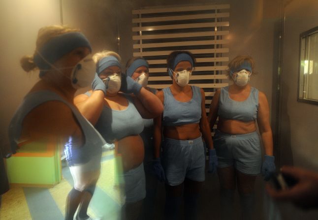 Protective clothing to keep the chill away from the delicate parts of the body is a must for these female cryotherapy participants at the pioneering Olympic Sports Center in Spala, near the Polish capital of Warsaw.
