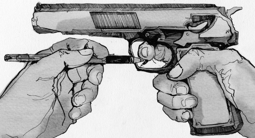 "Which is louder: The pistol or the pencil?" asks illustrator <a href="index.php?page=&url=http%3A%2F%2Fireport.cnn.com%2Fdocs%2FDOC-1204660">Annie Bowler</a> in this piece, titled "Dual." 