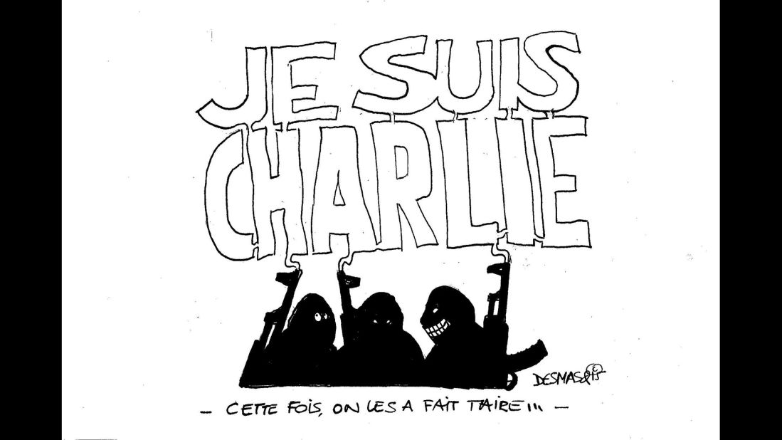 "The men who attacked Charlie Hebdo are congratulating themselves ... but the smoke out of their guns is forming a huge "I am Charlie" above their heads, showing that they failed as support to the media they wanted to silence arises around the world," said artist Marc Decoux.