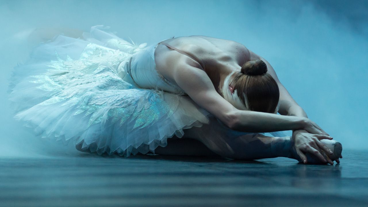 A dancer at the London Coliseum performs on stage during a dress rehearsal for the English National Ballet's "Swan Lake" on Tuesday, January 6.