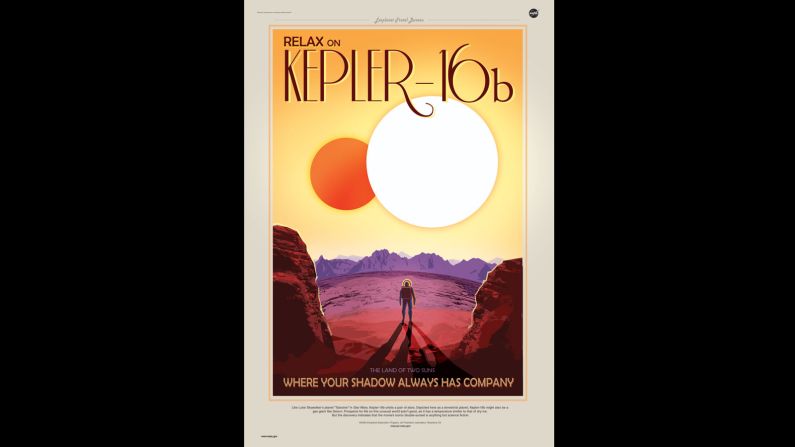 NASA has created retro posters advertising imaginary vacations on distant planets. Kepler-16b is billed as the "land of two suns" for the twin orbs that shine down on it.