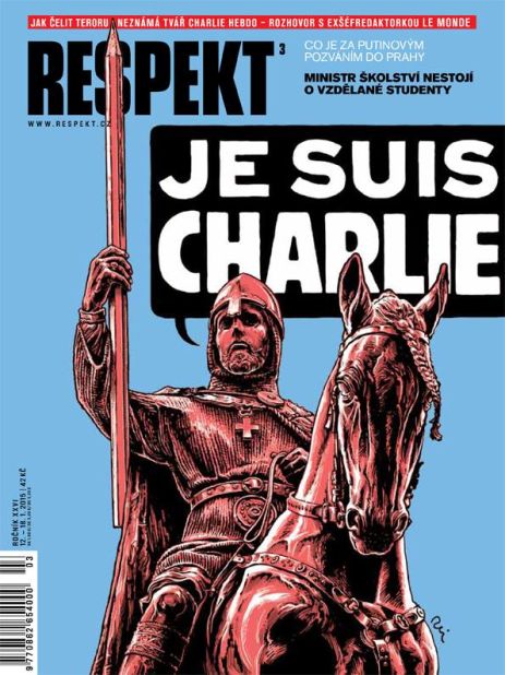 The front page of Czech magazine Respekt depicts the patron saint of the Czech state, St. Wenceslas, internationally known as the Good King Wenceslas, declaring "Je Suis Charlie."