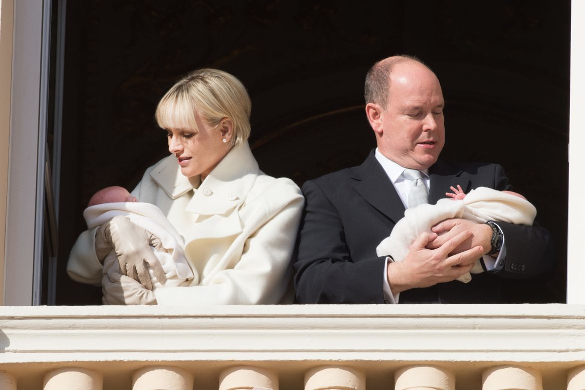 JANUARY 9 - MONACO: Prince Albert II of Monaco and Princess Charlene of Monaco present their newborn twins Princess Gabriella and Prince Jacques at the Palace Balcony.