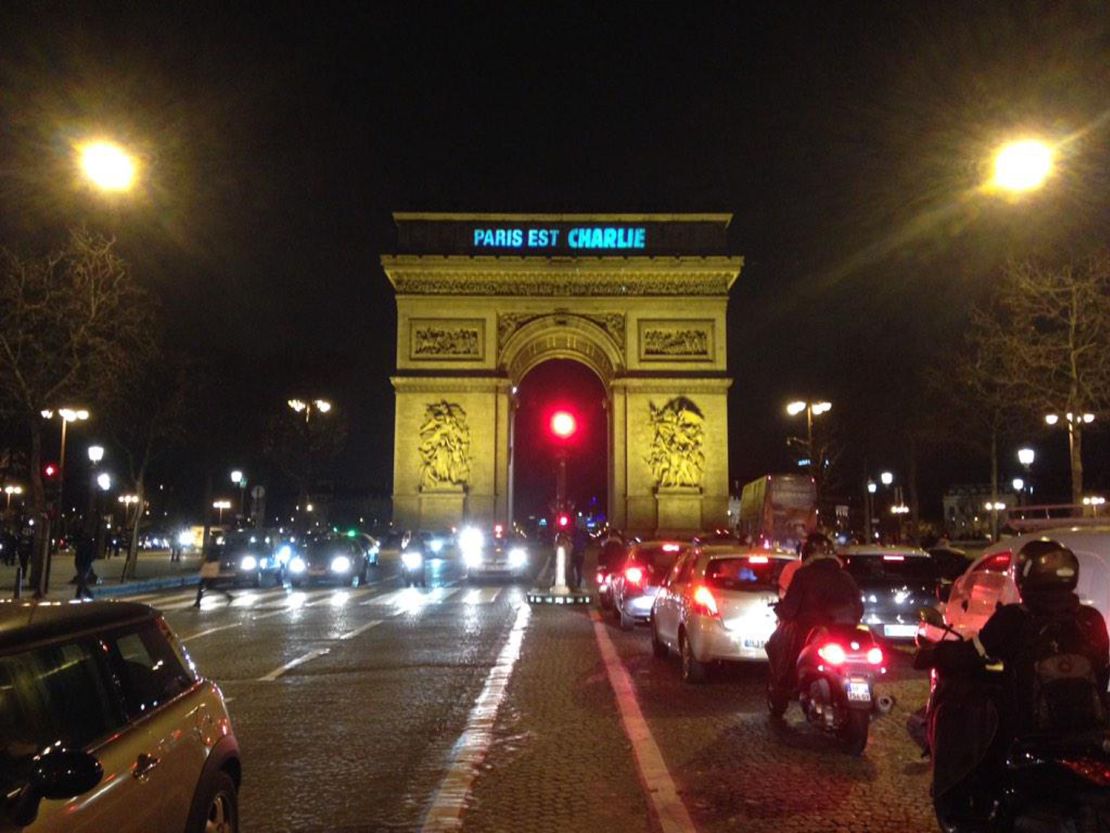 The city of Paris tweeted this image showing the Arc de Triomphe with "Paris est Charlie" (Paris is Charlie) in lights.