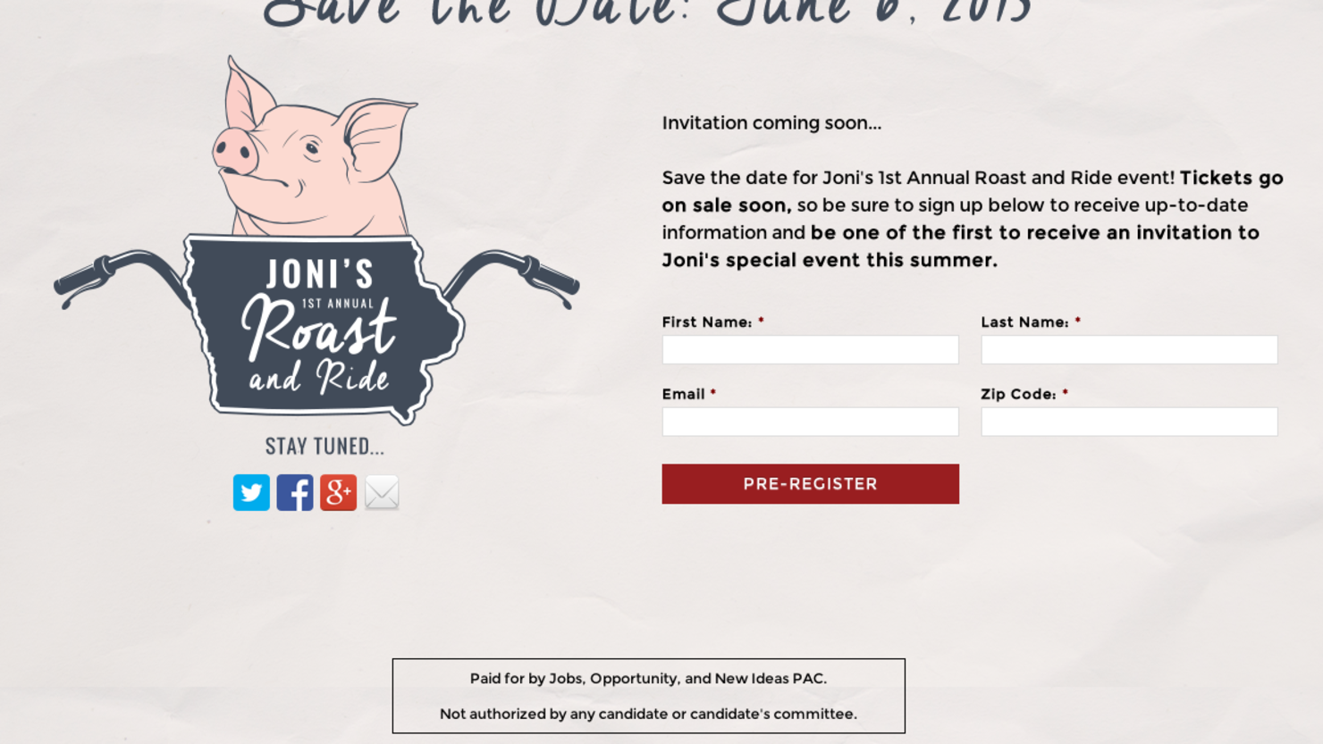 A screen shot of the invitation for Sen. Joni Ernst's 1st annual roast and ride fundraiser.