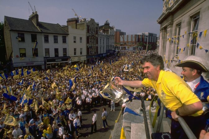 Manager Bobby Gould, seen showing off the trophy to Wimbledon's fans, has described the 1988 squad as being like "the worst school(boys) in England."