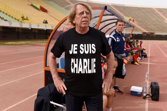 Congo's head coach Claude Le Roy wore a t-shirt to show his support during a friendly game between Congo and Cape Verde at the Leopold Sedar Senghor stadium in Dakar, Senegal, ahead of the Africa Cup of Nations 2015 which begins on January 17.
