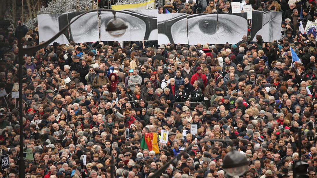 Demonstrators gather in the Place de la Republique before the rally on January 11.