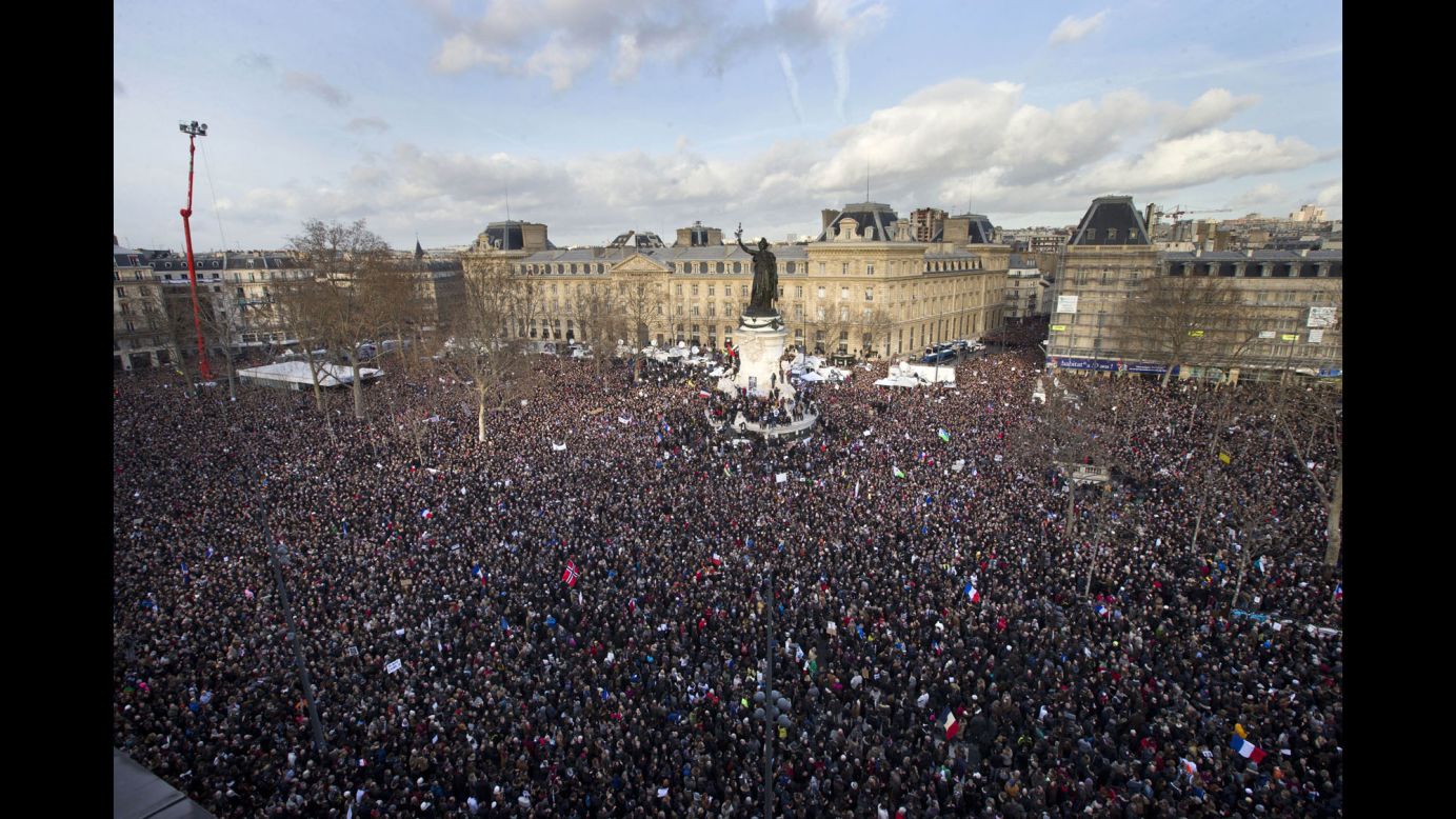 A crowd gathers at the Place de la Republique before a massive unity rally in Paris on January 11.