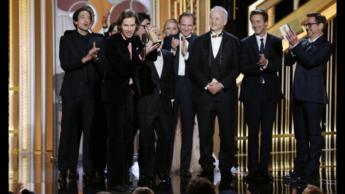 Wes Anderson, director of "The Grand Budapest Hotel," accepts the award for best motion picture in the musical or comedy category.
