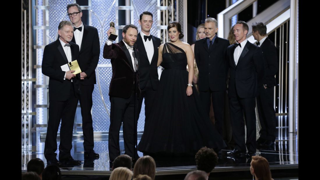 "Fargo" creator Noah Hawley accepts the award for best miniseries or TV film. Billy Bob Thornton also won a best actor award for his role on the show.