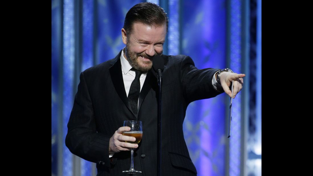 Comedian Ricky Gervais presents the award for best actress in a musical or comedy. Amy Adams won for her role in "Big Eyes."