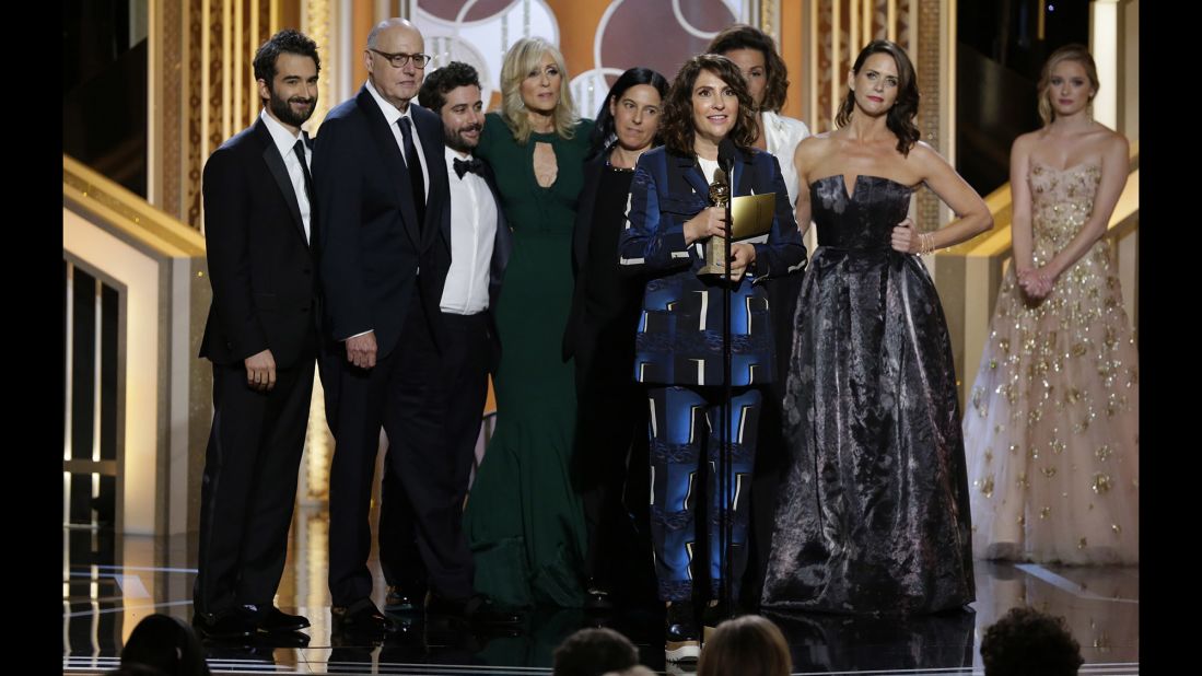 "Transparent" creator Jill Soloway accepts the award for best TV series in the musical or comedy category. Series star Jeffrey Tambor took home the award for best actor in the category.