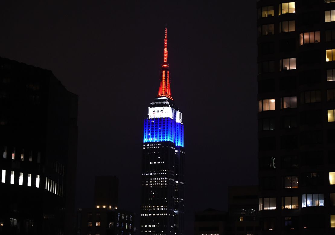 The Empire State Building in New York is lit in the colors of the French flag on January 11, paying tribute to those who lost their lives in the Charlie Hebdo terrorist attack.