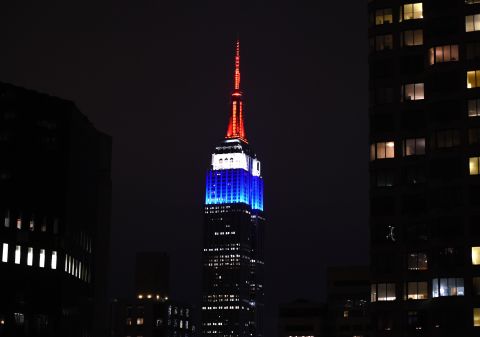 The Empire State Building in New York is lit in the colors of the French flag on January 11, paying tribute to those who lost their lives in the Charlie Hebdo terrorist attack.