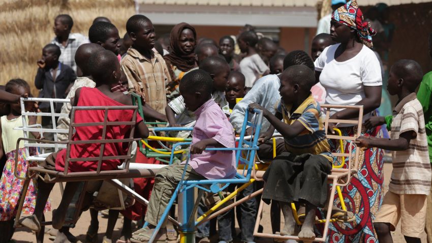 In this Thursday Nov. 27, 2014 photo, children displaced after attacks by Boko Haram, play in the camp of internal displaced people, in Yola, Nigeria.