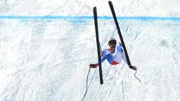 Switzerland's Daniel Albrecht crashes in front the finish area during the second official practice in men's downhill during FIS ski World cup in Kitzbuhel on January 22, 2009. AFP PHOTO / Samuel Kubani (Photo credit should read SAMUEL KUBANI/AFP/Getty Images)