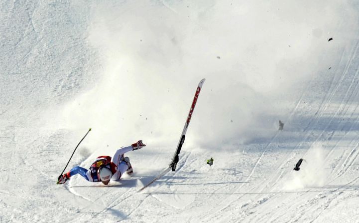 He initially landed on his back, his skis breaking before slamming face down on the snowy surface just a few meters away from the finish line.