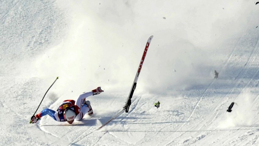 Switzerland's Daniel Albrecht crashes in front a finish area during the second official practice in men's downhill during FIS ski World cup in Kitzbuhel on January 22, 2009. AFP PHOTO / Samuel Kubani (Photo credit should read SAMUEL KUBANI/AFP/Getty Images)