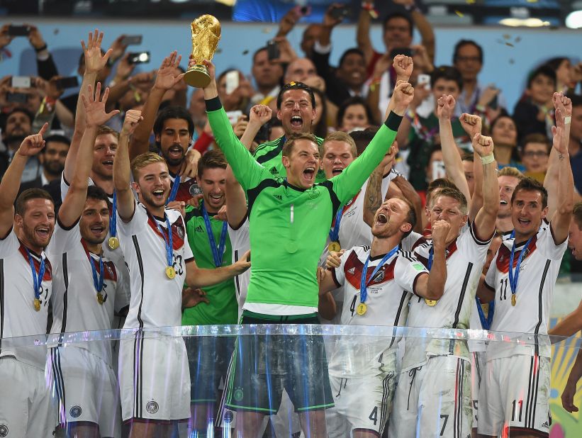 Germany is the World Cup holder. Here goalkeeper Manuel Neuer lifts the trophy after his team defeated Argentina 1-0 in extra time in the 2014 final in Brazil.