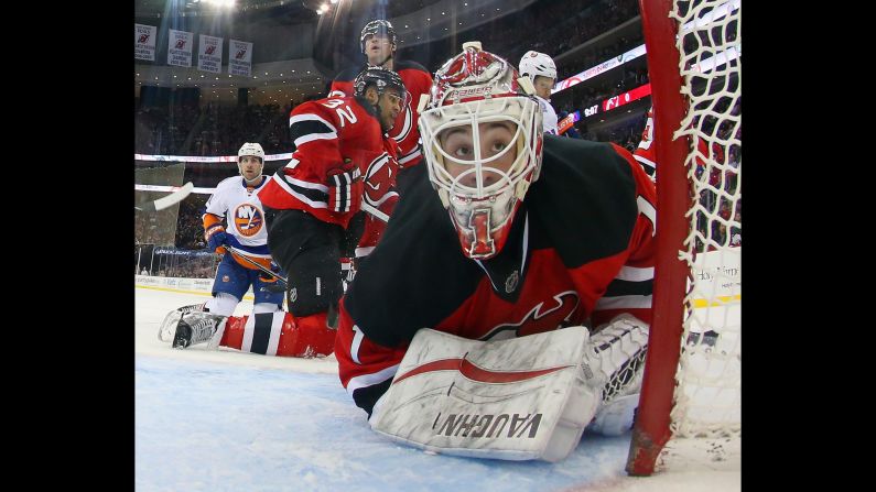 New Jersey Devils goaltender Keith Kinkaid looks into the back of his net during a home game against the New York Islanders on Friday, January 9.
