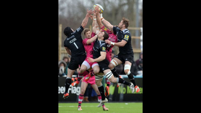 Newcastle Falcons captain Will Welch, right, takes the ball during a Premiership rugby match played Sunday, January 11, in Newcastle upon Tyne, England.