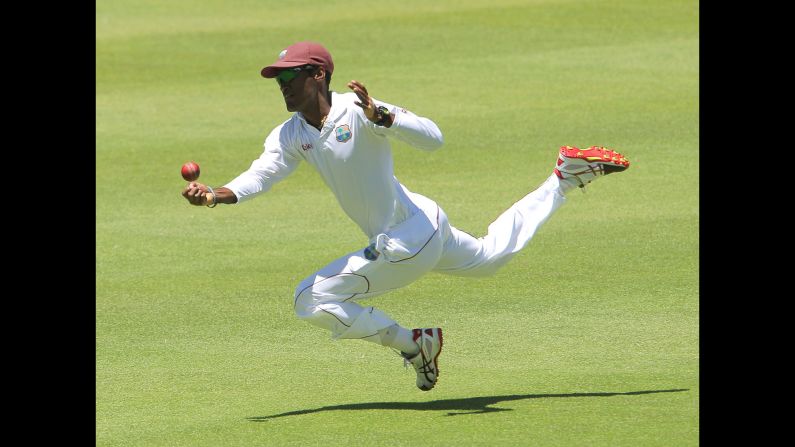 Kraigg Brathwaite of the West Indies dives for a catch during a Test match in Cape Town, South Africa, on Tuesday, January 6. South Africa would eventually win the match by eight wickets.