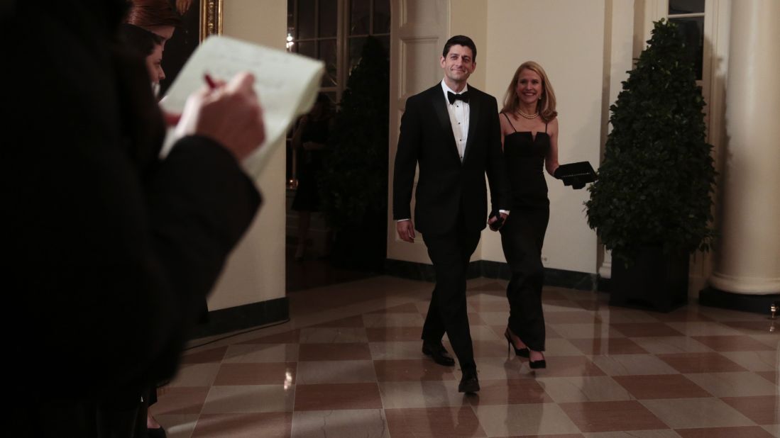 Ryan and his wife, Janna, arrive at a state dinner at the White House in honor of French President Francois Hollande on February 11, 2014 .