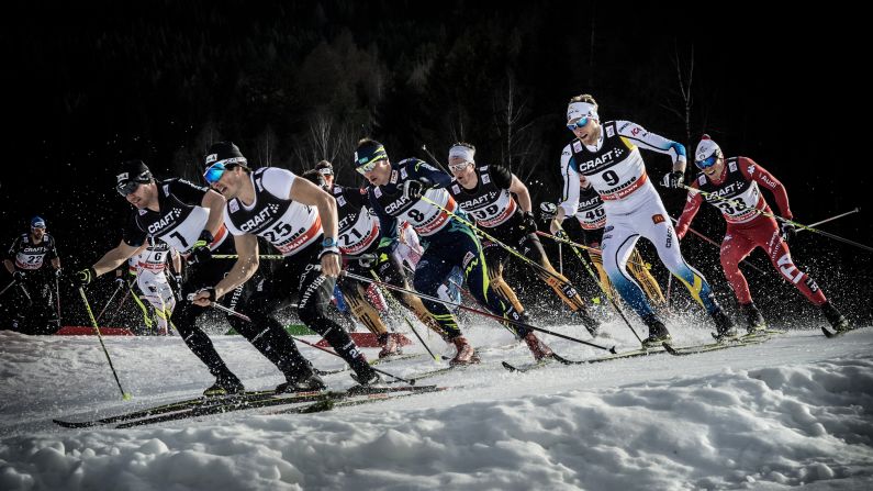 Cross-country skiers race Saturday, January 10, during the Tour de Ski in Val di Fiemme, Italy.