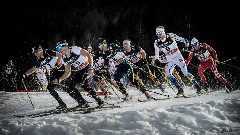 Cross-country skiers race Saturday, January 10, during the Tour de Ski in Val di Fiemme, Italy.