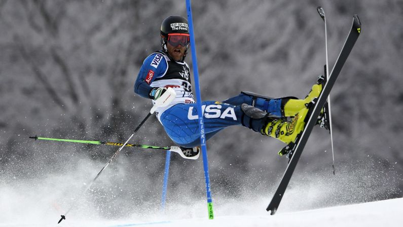 American skier Will Brandenburg goes sideways during a World Cup slalom run in Zagreb, Croatia, on Tuesday, January 6.