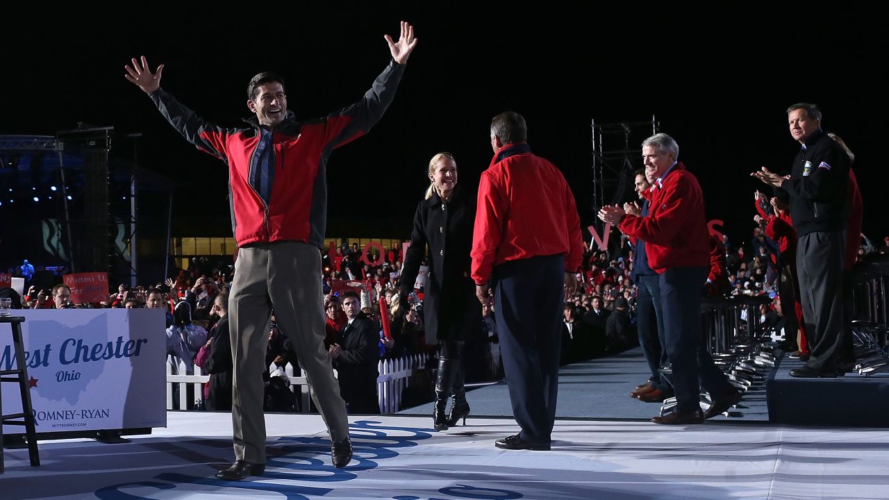 Ryan greets supporters during a presidential campaign rally with Mitt Romney at The Square at Union Centre in West Chester, Ohio, on November 2, 2012.